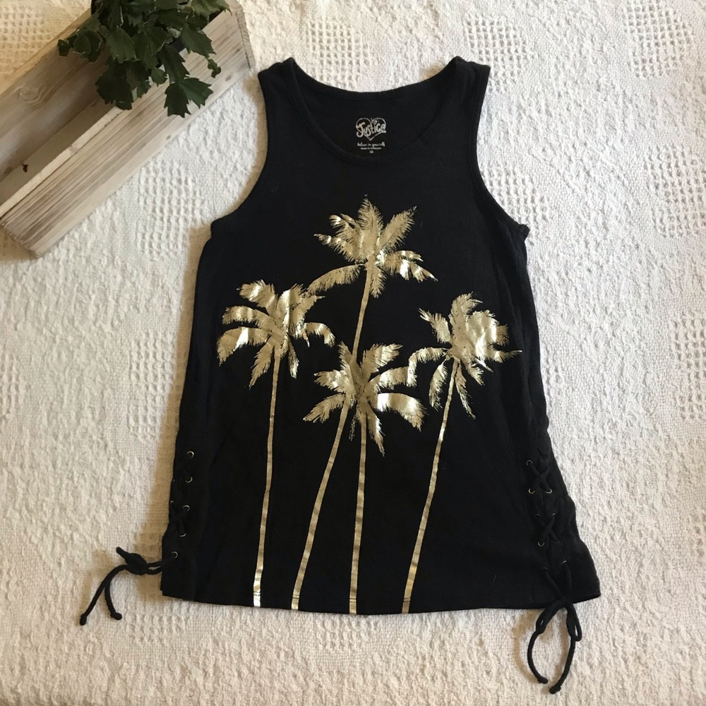 Justice black tank with gold palm trees